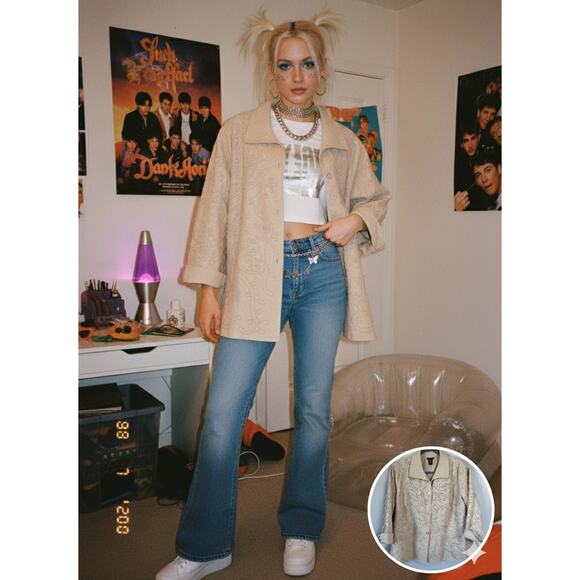 Dialogue Y2K Women Sz 3X Jacket Beige Embroidered Boho Chic Art to Wear Eclectic - Picture 1 of 12